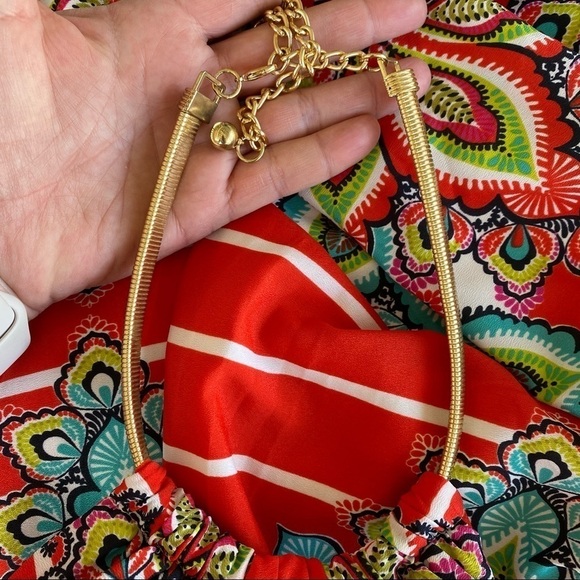 Eliza J Floral Striped Halter Maxi Dress Size 4 Bright Gold Chain Neckline GUC - Picture 9 of 14